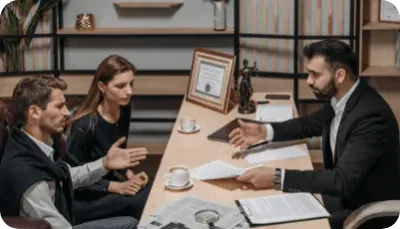 Couple consulting with a probate attorney across a desk with documents